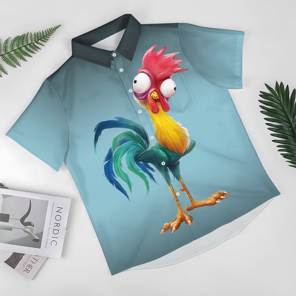 Gradient Funny Rooster Printed Short Sleeve Shirt-Vacay Outfit
