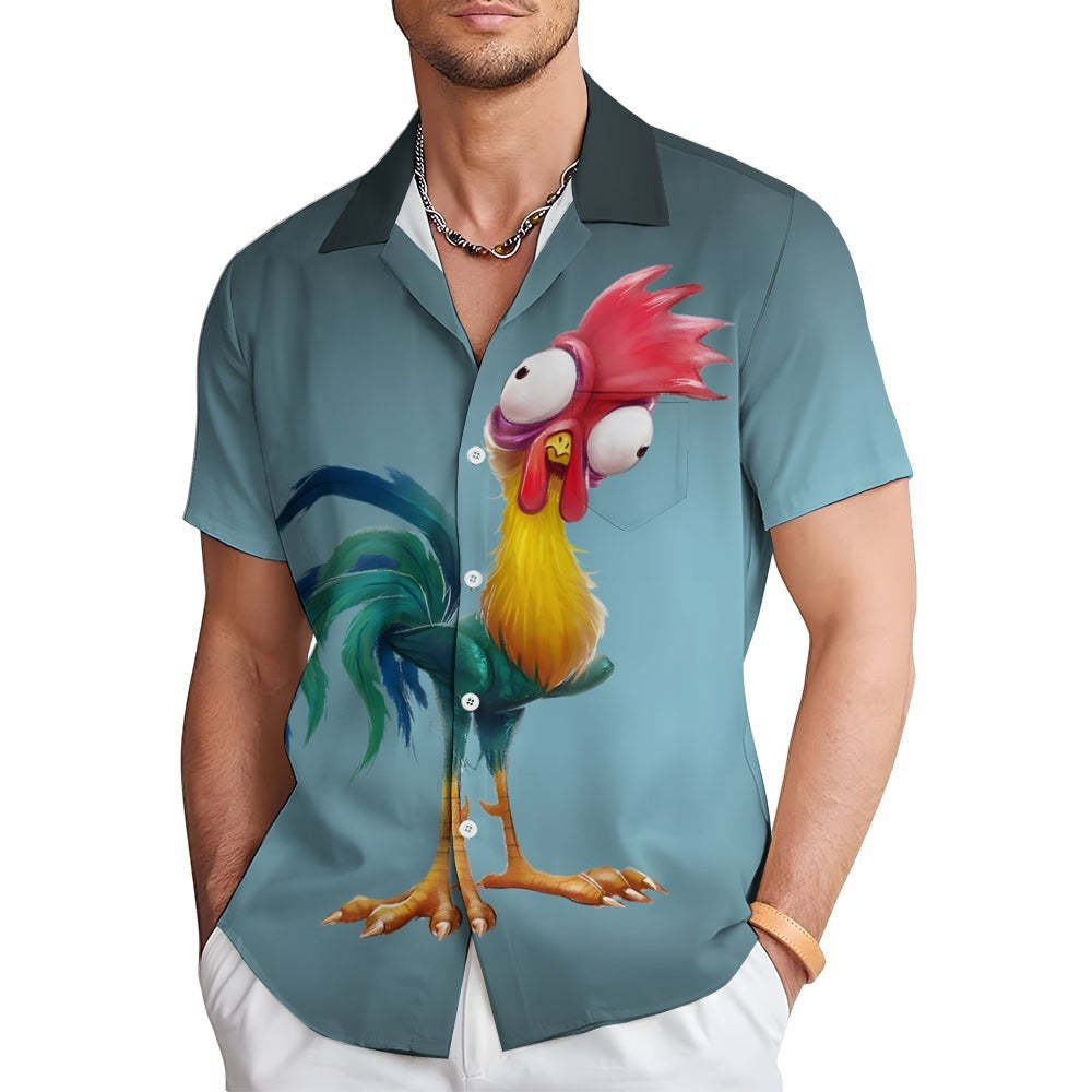 Gradient Funny Rooster Printed Short Sleeve Shirt-Vacay Outfit