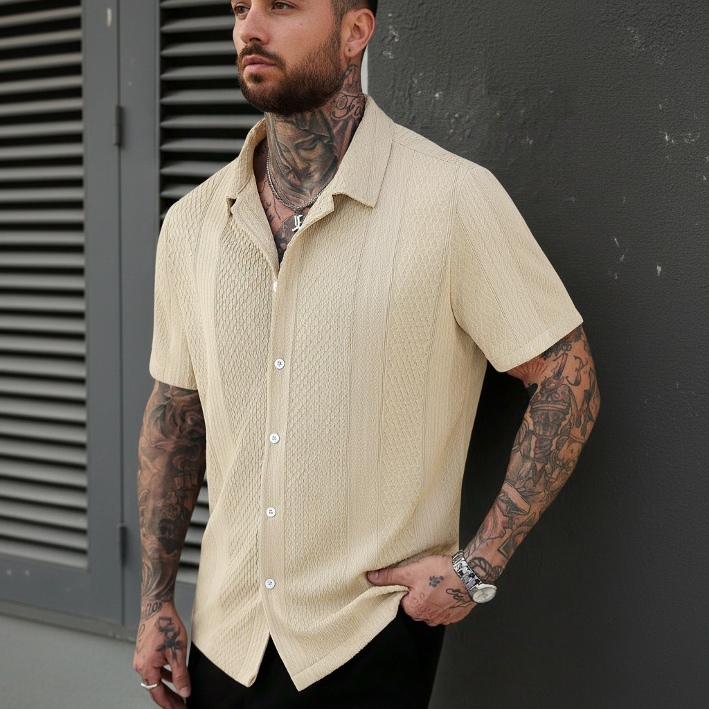 Solid Color Jacquard Knit Short Sleeve Button Front Shirt For Men