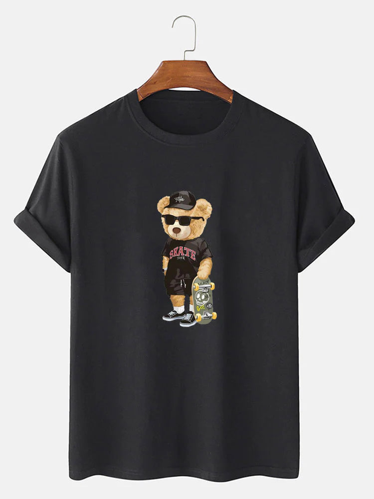 Bear With Skateboard Print T-Shirt-Vacay Outfit