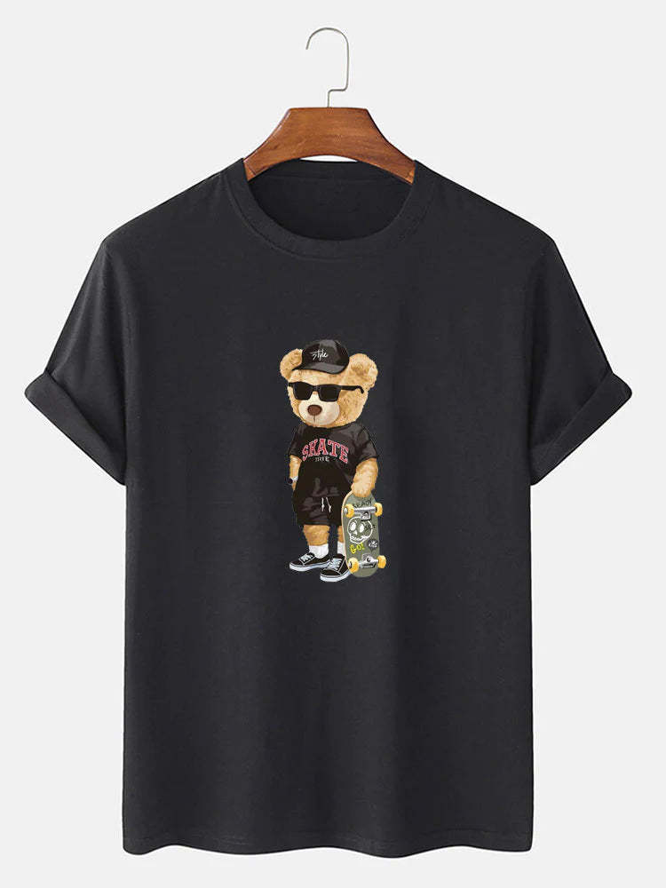 Bear With Skateboard Print T-Shirt-Vacay Outfit