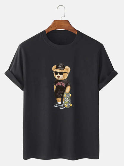 Bear With Skateboard Print T-Shirt-Vacay Outfit