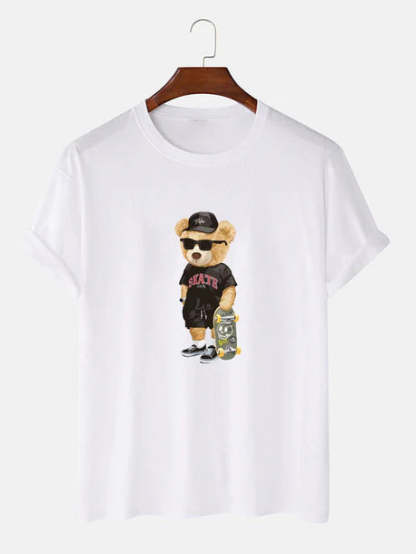 Bear With Skateboard Print T-Shirt-Vacay Outfit