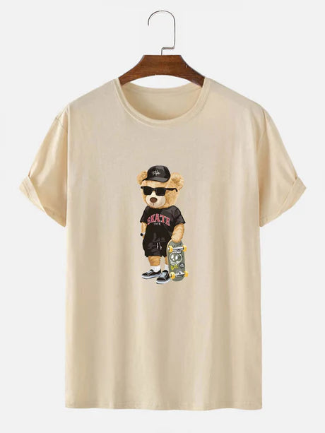 Bear With Skateboard Print T-Shirt-Vacay Outfit