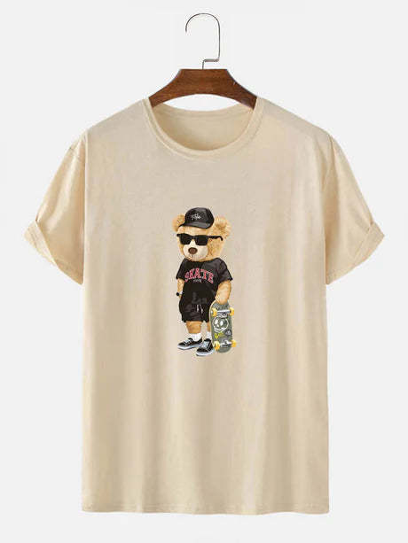 Bear With Skateboard Print T-Shirt-Vacay Outfit