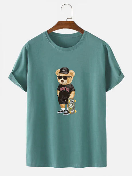 Bear With Skateboard Print T-Shirt-Vacay Outfit