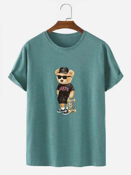 Bear With Skateboard Print T-Shirt-Vacay Outfit