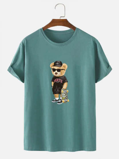 Bear With Skateboard Print T-Shirt-Vacay Outfit