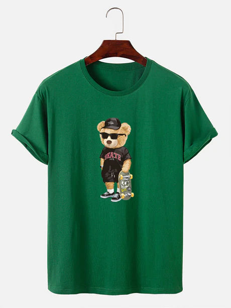 Bear With Skateboard Print T-Shirt-Vacay Outfit