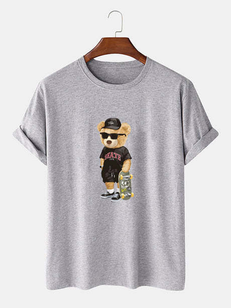 Bear With Skateboard Print T-Shirt-Vacay Outfit
