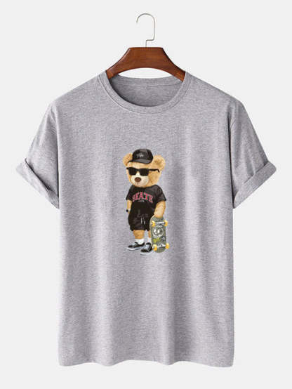 Bear With Skateboard Print T-Shirt-Vacay Outfit