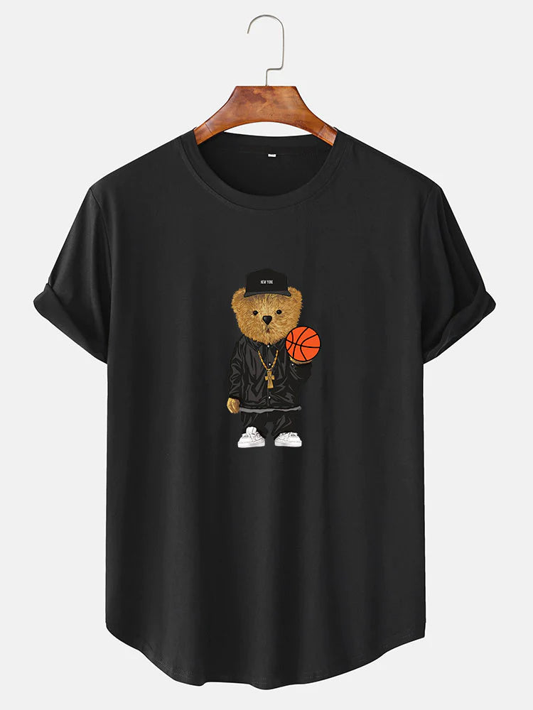 Basketball Bear Print Arc Hem T-Shirt-Vacay Outfit