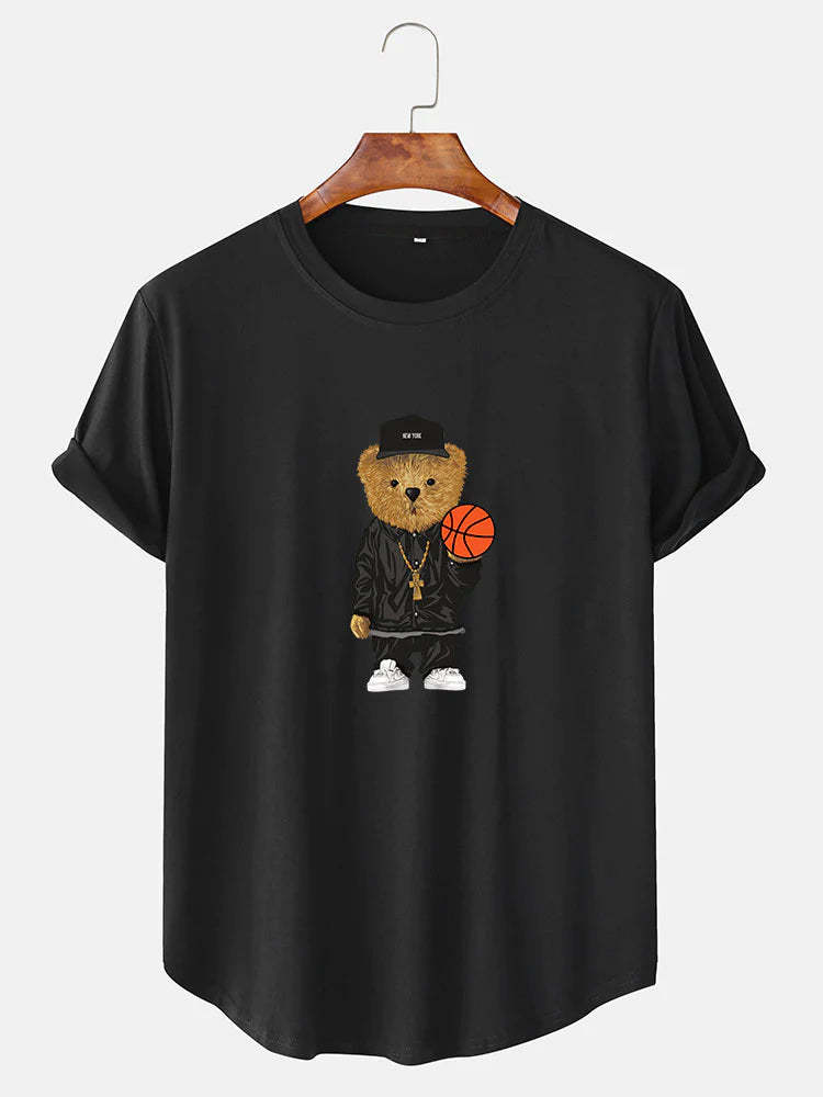 Basketball Bear Print Arc Hem T-Shirt-Vacay Outfit