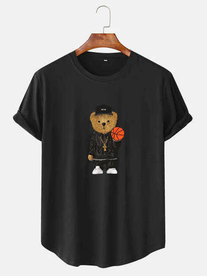 Basketball Bear Print Arc Hem T-Shirt-Vacay Outfit