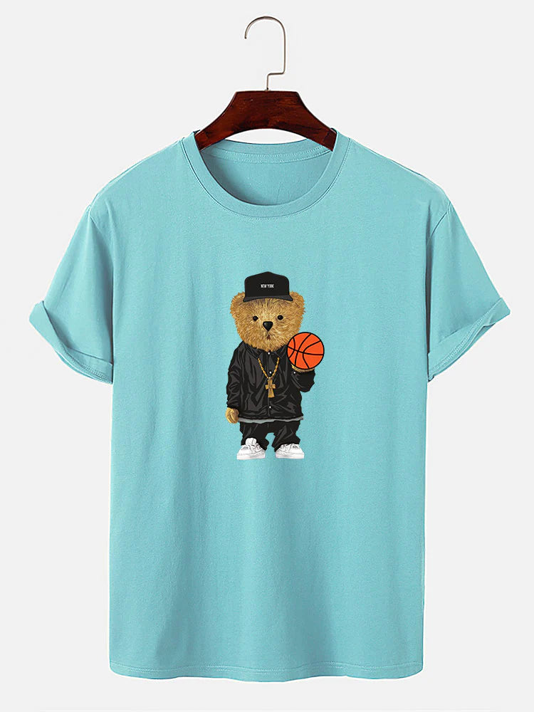 Basketball Bear Print T-Shirt And Shorts-Vacay Outfit