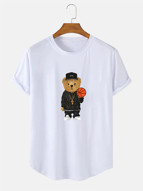 Basketball Bear Print Arc Hem T-Shirt-Vacay Outfit