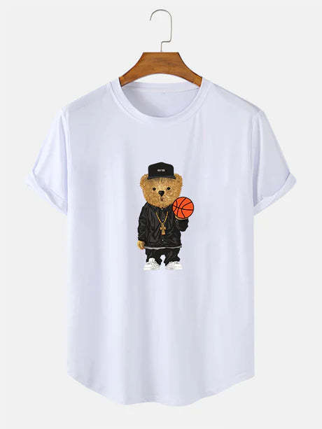 Basketball Bear Print Arc Hem T-Shirt-Vacay Outfit