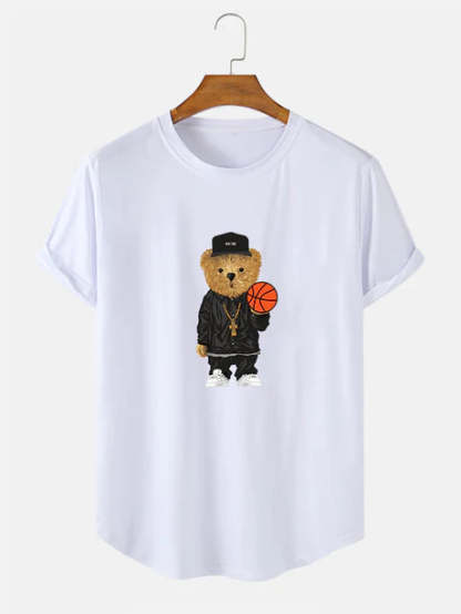 Basketball Bear Print Arc Hem T-Shirt-Vacay Outfit
