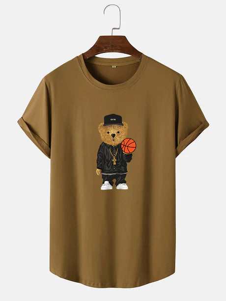 Basketball Bear Print Arc Hem T-Shirt-Vacay Outfit