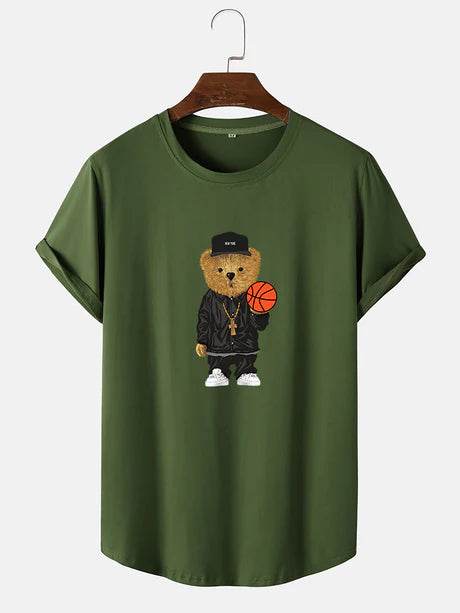 Basketball Bear Print Arc Hem T-Shirt-Vacay Outfit