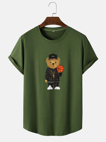 Basketball Bear Print Arc Hem T-Shirt-Vacay Outfit