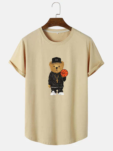 Basketball Bear Print Arc Hem T-Shirt-Vacay Outfit