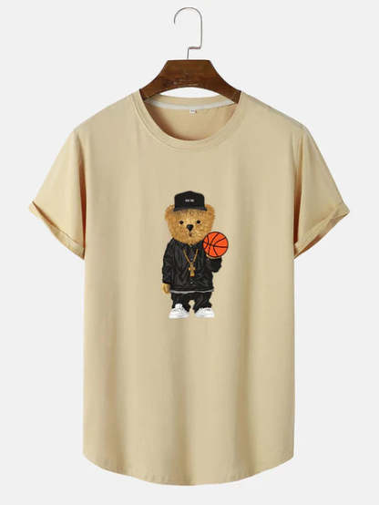 Basketball Bear Print Arc Hem T-Shirt-Vacay Outfit