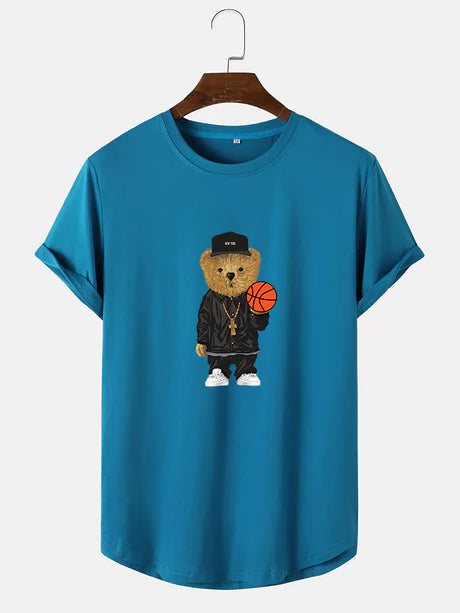 Basketball Bear Print Arc Hem T-Shirt-Vacay Outfit