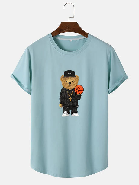 Basketball Bear Print Arc Hem T-Shirt-Vacay Outfit