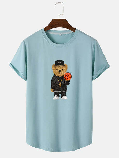 Basketball Bear Print Arc Hem T-Shirt-Vacay Outfit