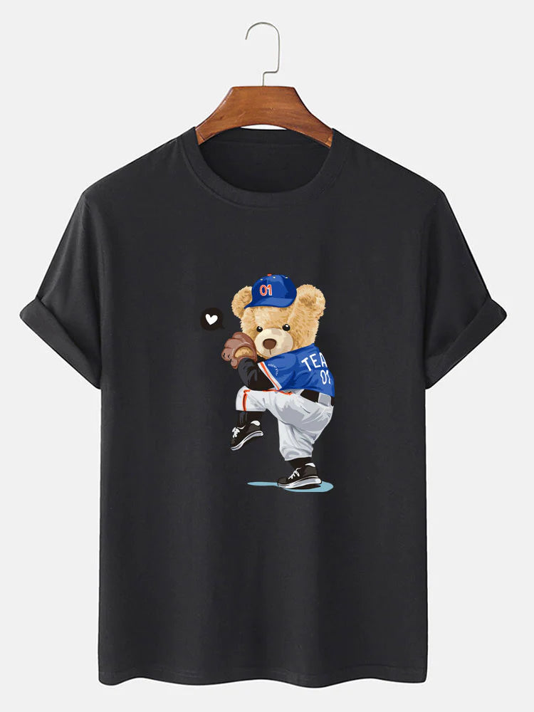 Baseball Bear Print T-Shirt-Vacay Outfit