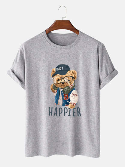 Baseball Jacket Bear Slogan Print T-Shirt-Vacay Outfit