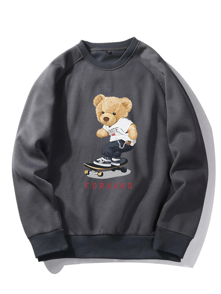 Bear On Skateboard Print Sweatshirt-Vacay Outfit