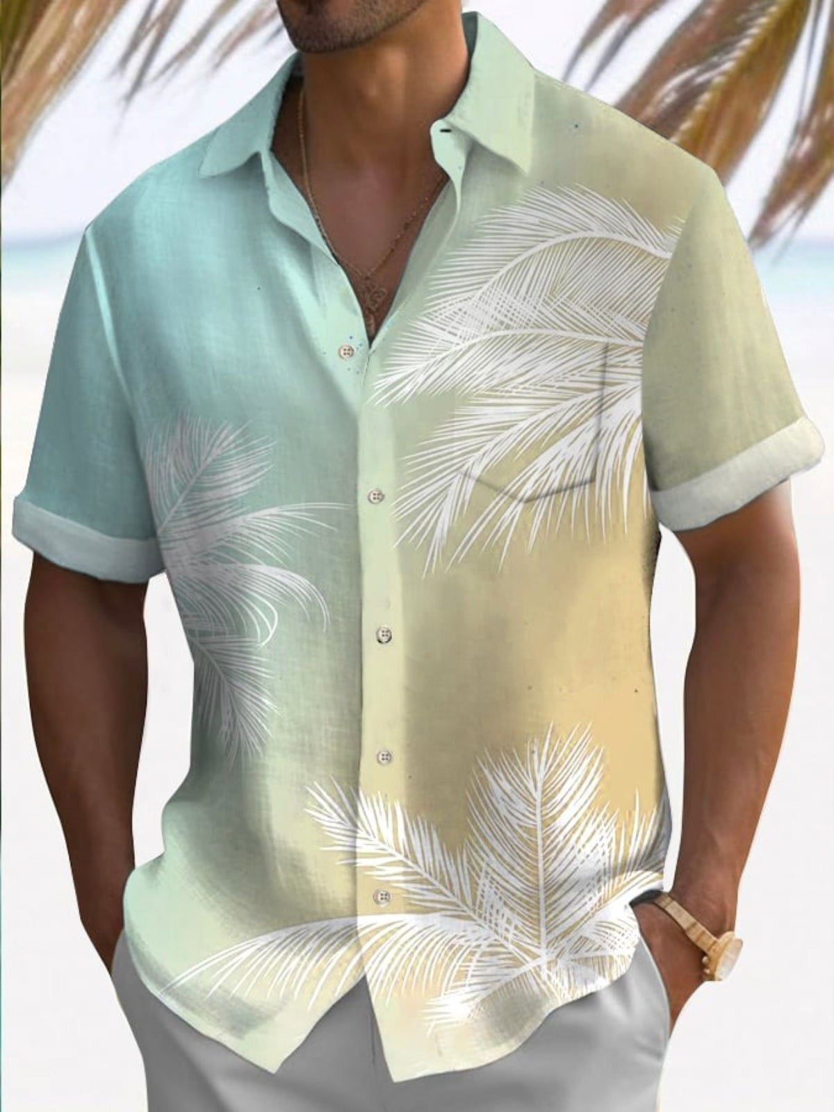 Hawaiian Tree Print Fashion Short Sleeve Shirt-Vacay Outfit