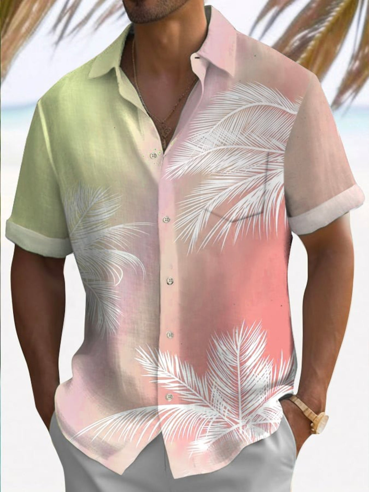 Hawaiian Tree Print Fashion Short Sleeve Shirt-Vacay Outfit