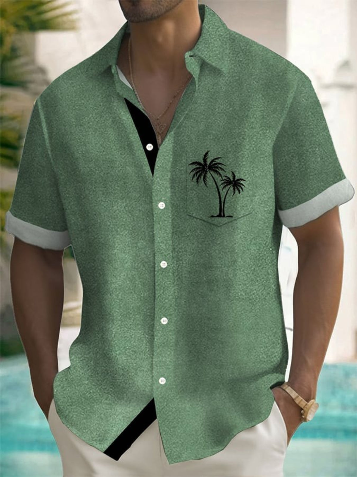 Hawaiian Resort Coconut Tree Print Lapel Shirt-Vacay Outfit