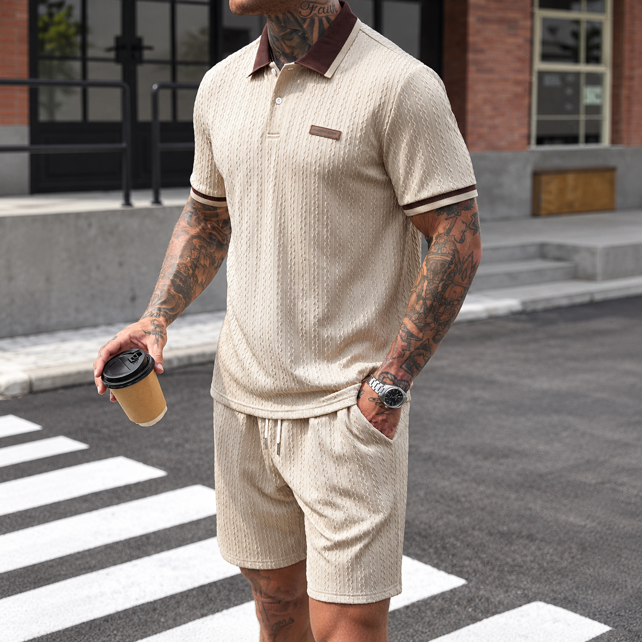 Striped Textured Polo T Shirt and Short Two Piece Set For Men