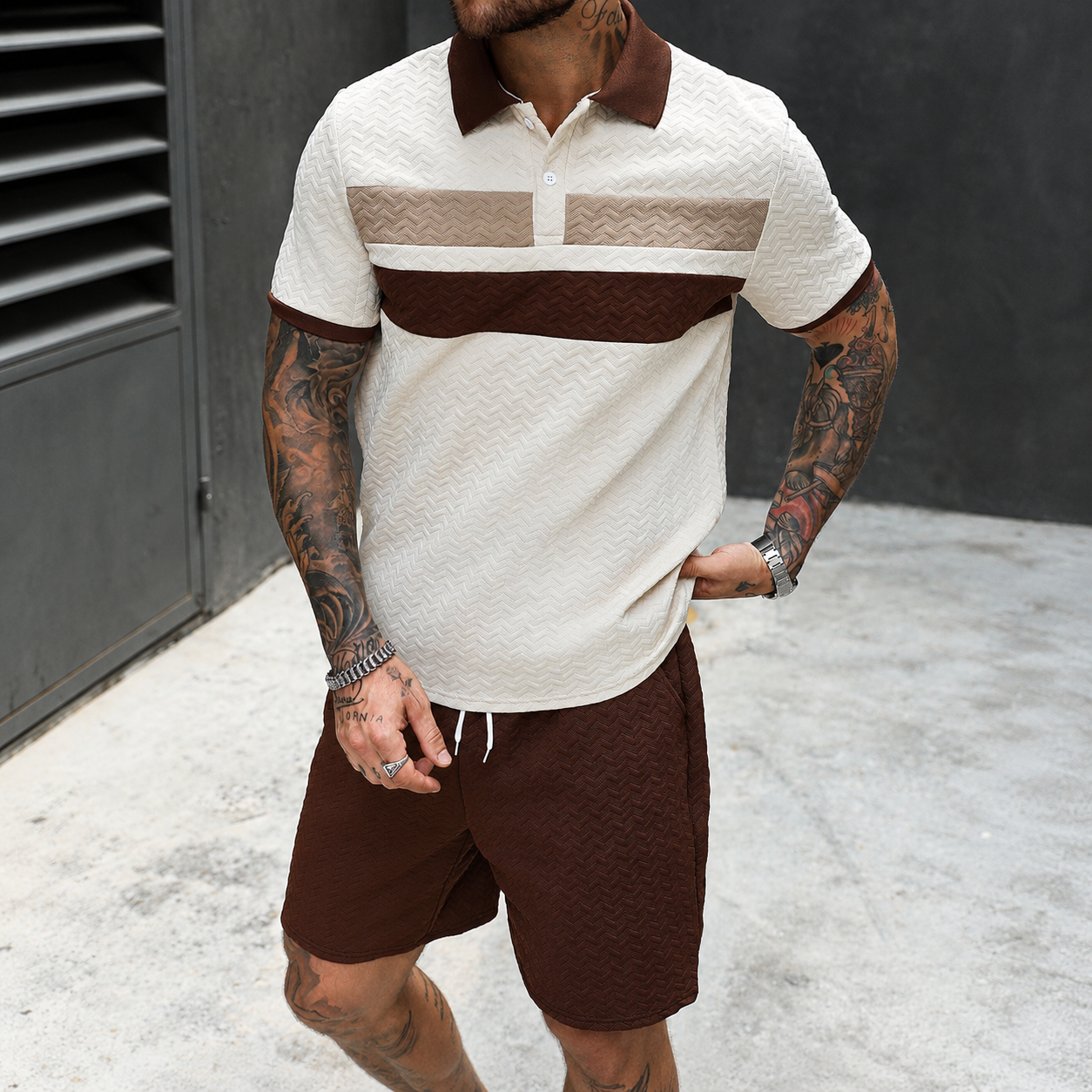 Striped Textured Polo T Shirt and Short Two Piece Set For Men
