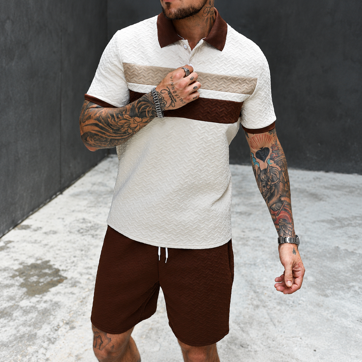 Striped Textured Polo T Shirt and Short Two Piece Set For Men