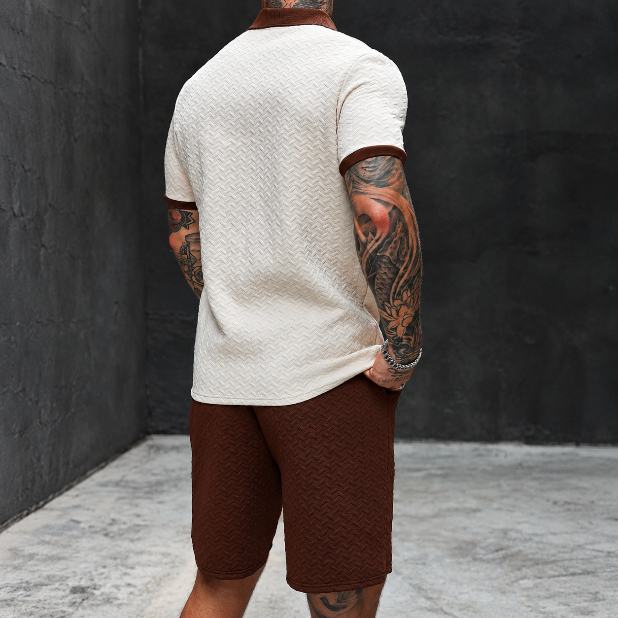 Striped Textured Polo T Shirt and Short Two Piece Set For Men