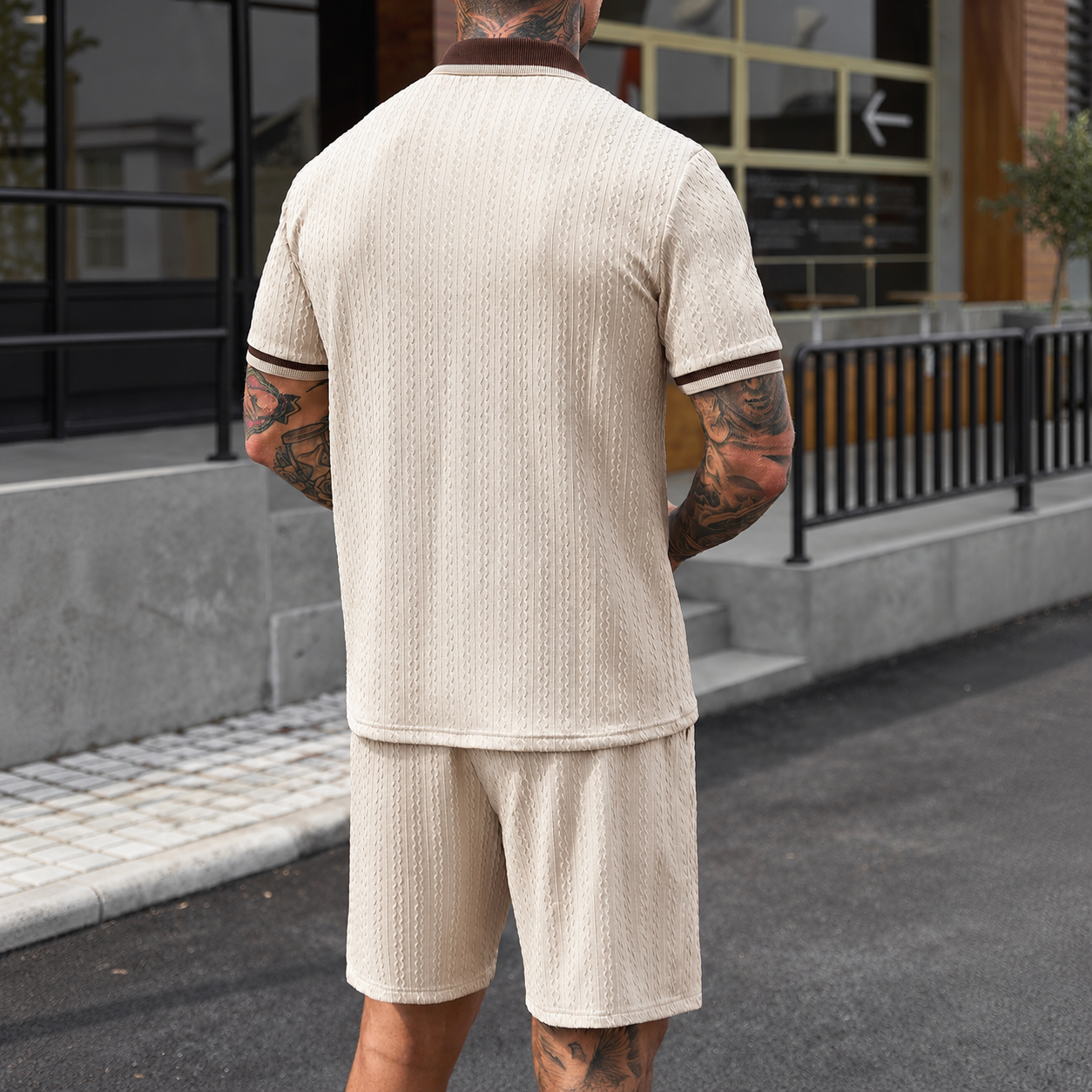 Striped Textured Polo T Shirt and Short Two Piece Set For Men