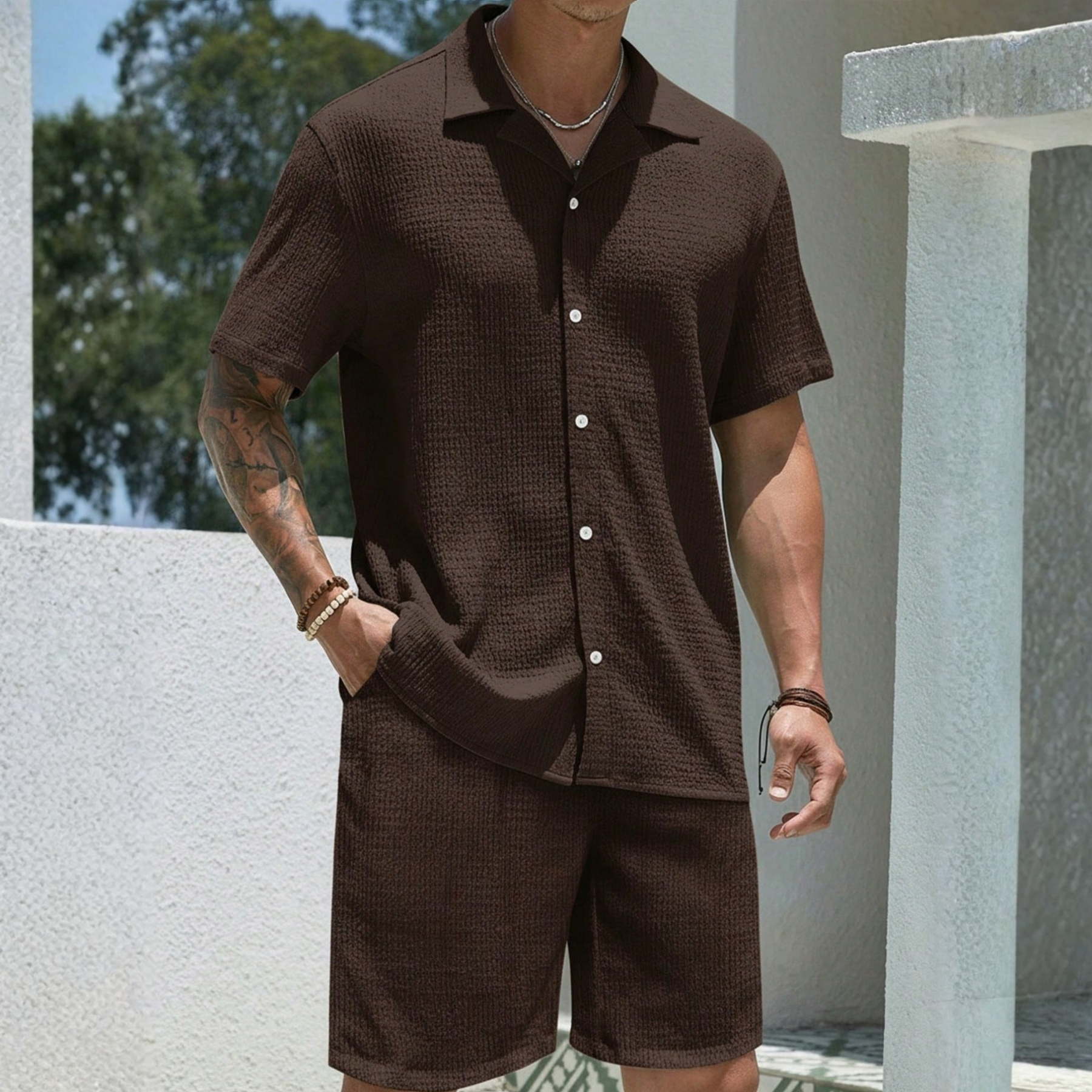 Jacquard Loose Fit Short Sleeve Shirt And Shorts For Men