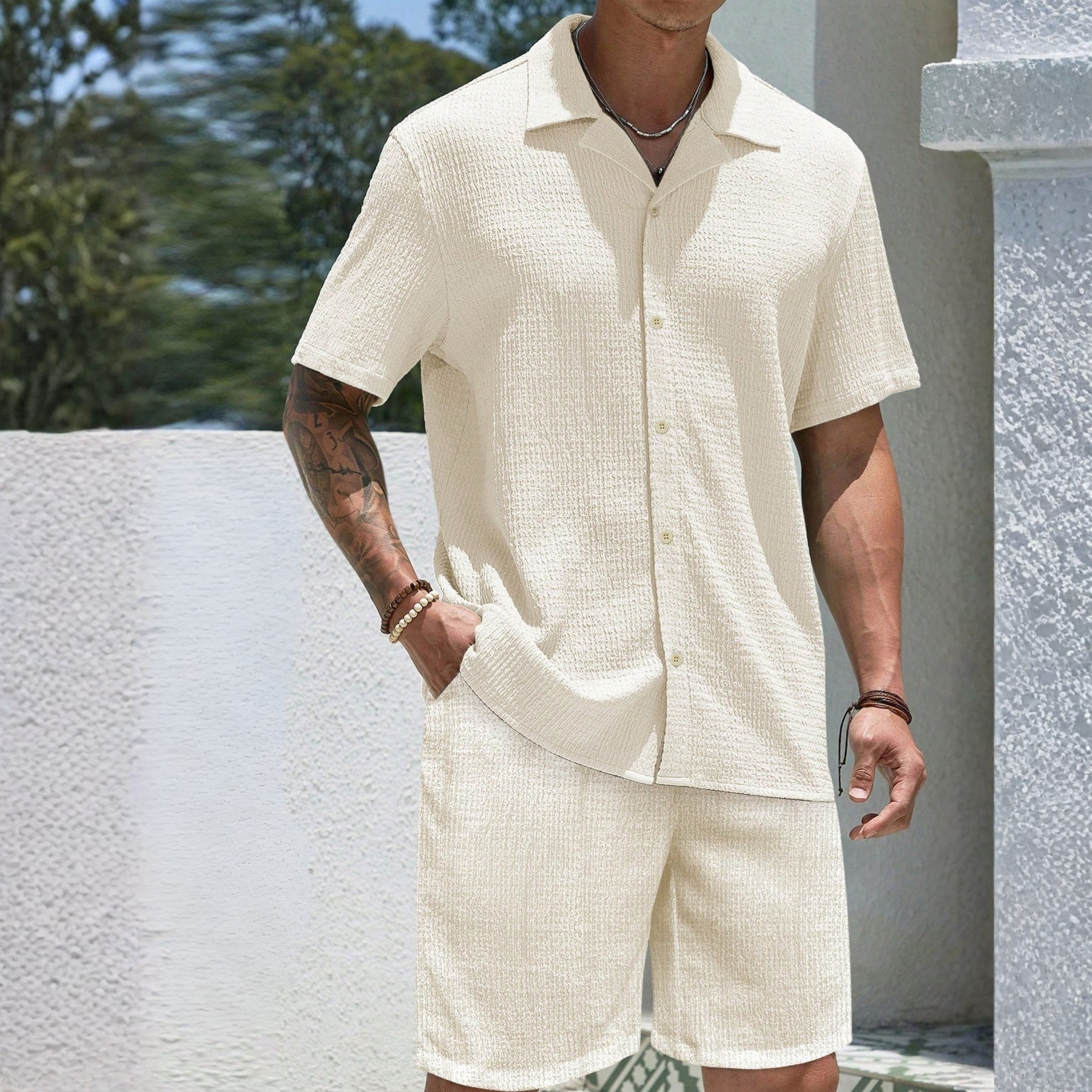 Jacquard Loose Fit Short Sleeve Shirt And Shorts For Men