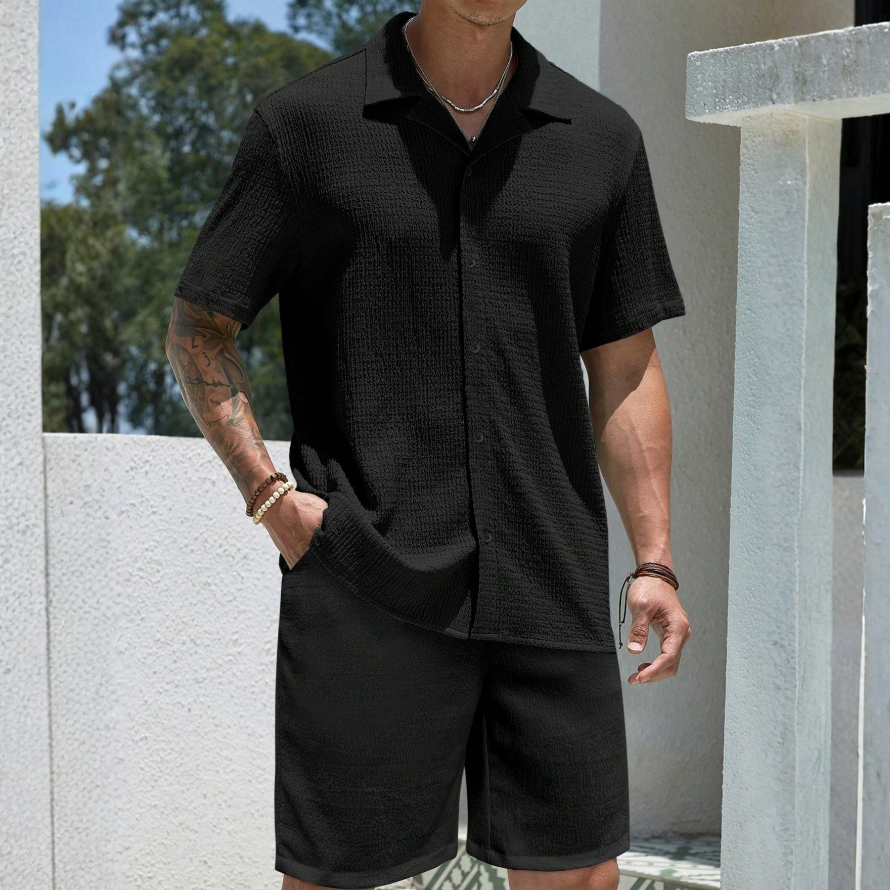 Jacquard Loose Fit Short Sleeve Shirt And Shorts For Men