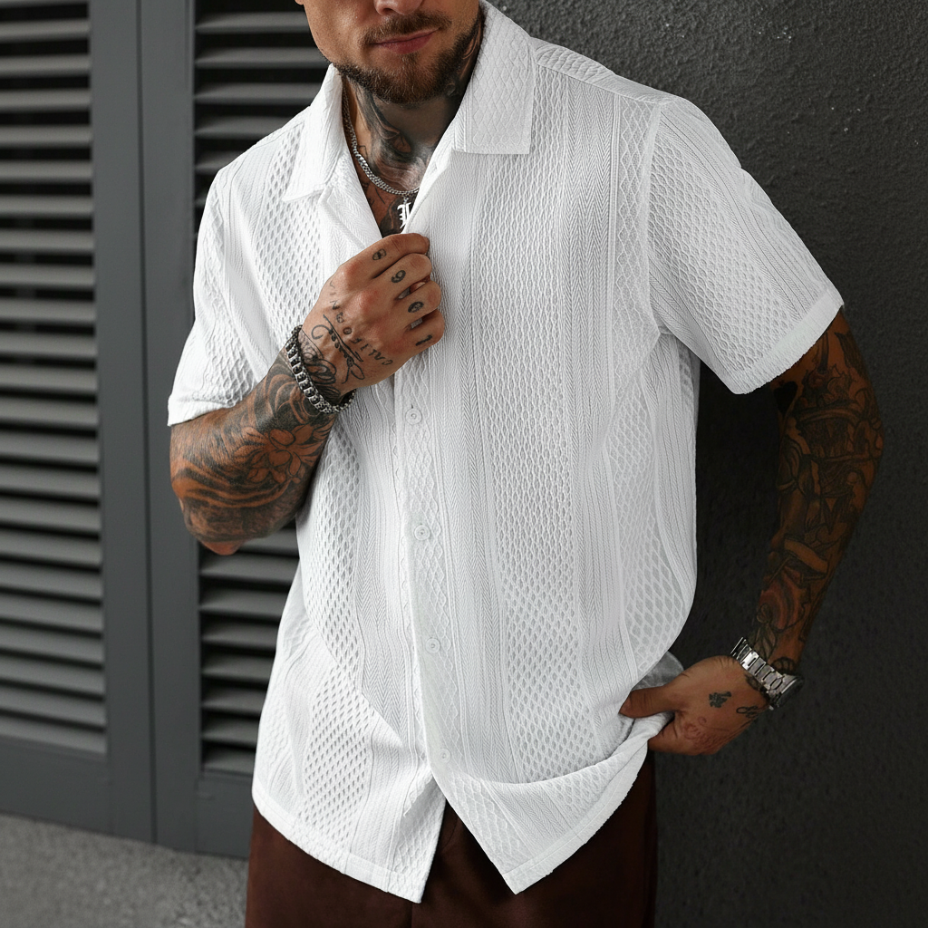 Solid Color Jacquard Knit Short Sleeve Button Front Shirt For Men
