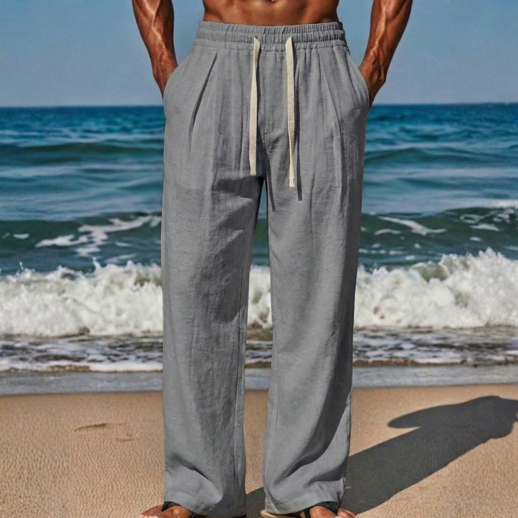 Linen Drawstring Straight Pants For Men