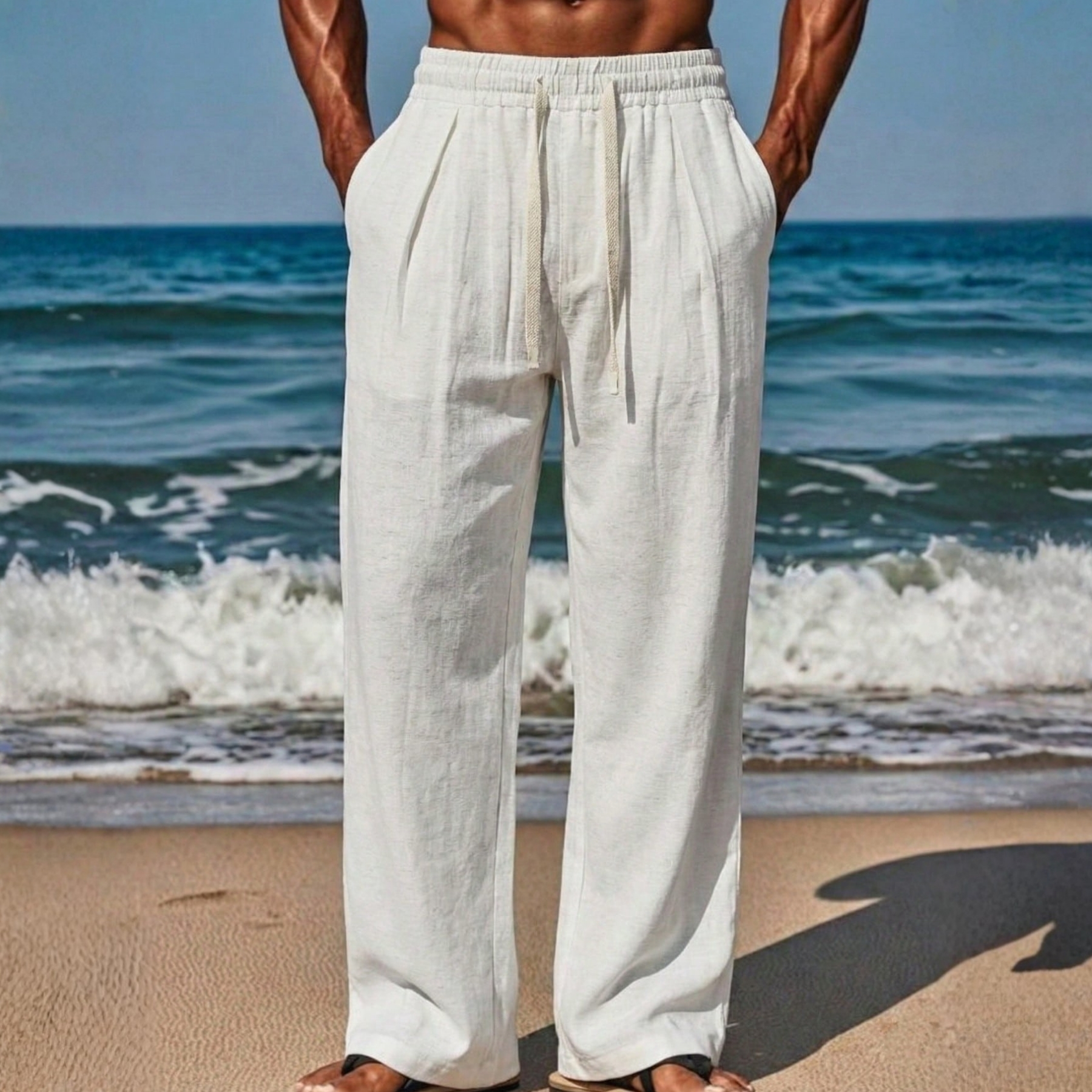 Linen Drawstring Straight Pants For Men