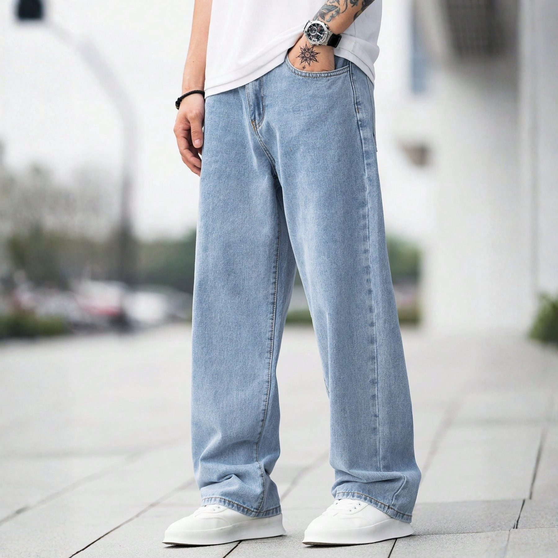 Loose Baggy Cotton Denim Jeans With Slant Pockets For Men