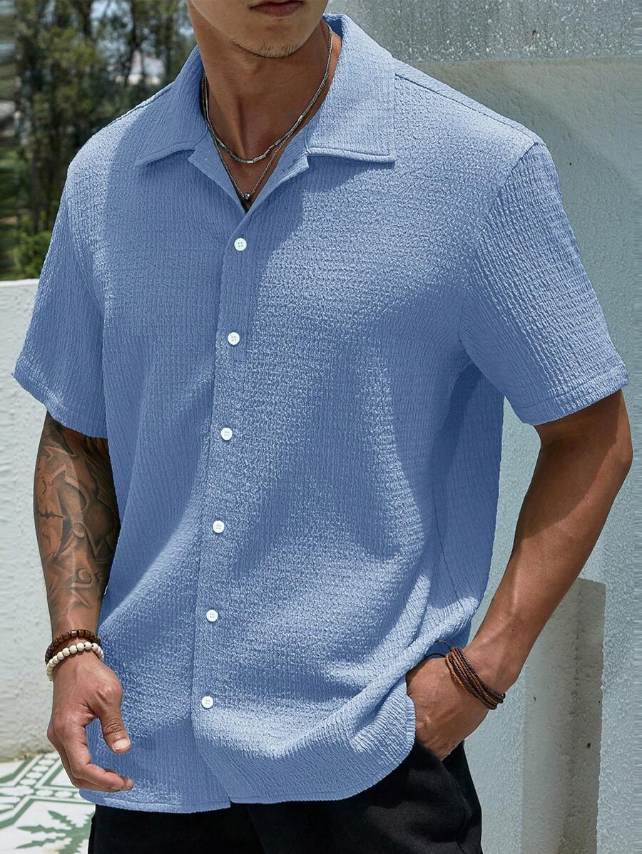 Loose Fit Short Sleeve Textured Shirts-Vacay Outfit