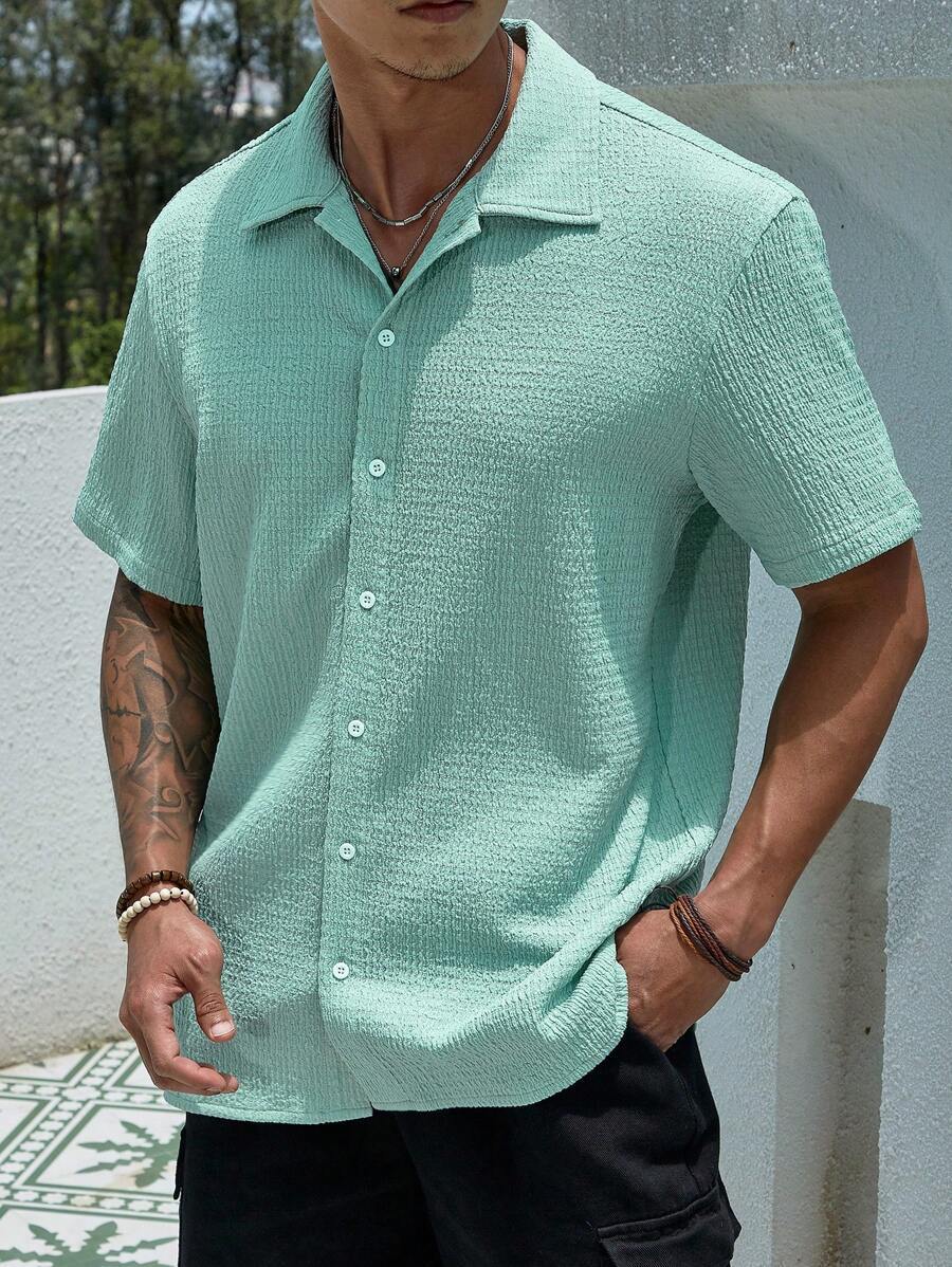 Loose Fit Short Sleeve Textured Shirts-Vacay Outfit